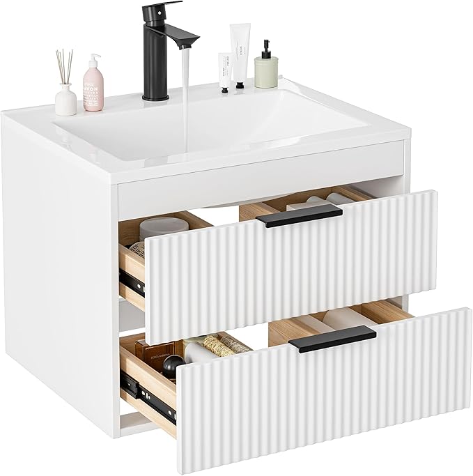 24 Inches Modern MDF Bathroom Vanity with Sink, Wall Mounted Floating Cabinets w/Double Drawers, Black Handles, White Resin Sink Combo Set (White, 24")
