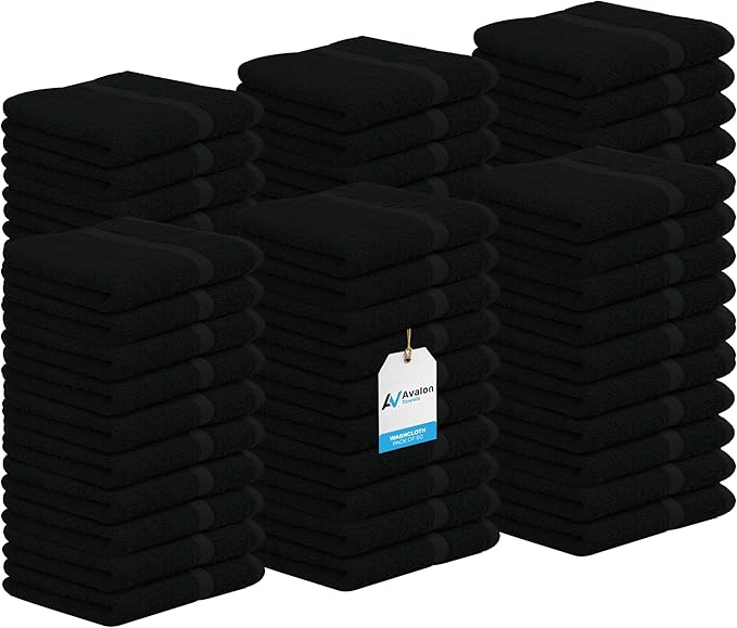 Avalon Towels Cotton Washcloths – (Pack of 60) Size 12x12 Inches, 100% Ring Spun Cotton, Soft & Absorbent Face Towels, Gym Towels, Hotel and Spa Quality, Reusable Fingertip Towels (Black)