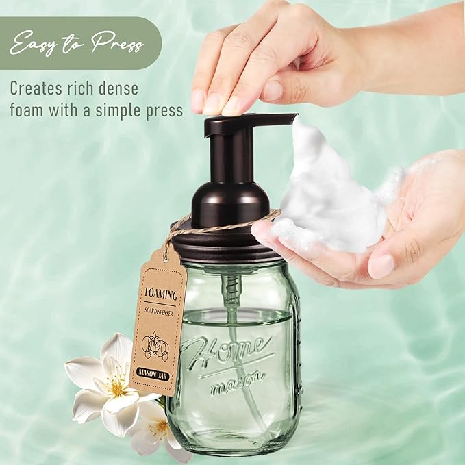 SheeChung Mason Jar Foaming Soap Dispenser, Stainless Steel Lid, Green Glass Foam Hand Soap Dispenser, 16 Oz Refillable Liquid Foam Dispenser Bottle for Bathroom Kitchen, Dish Soap-Bronze, 2 Pack