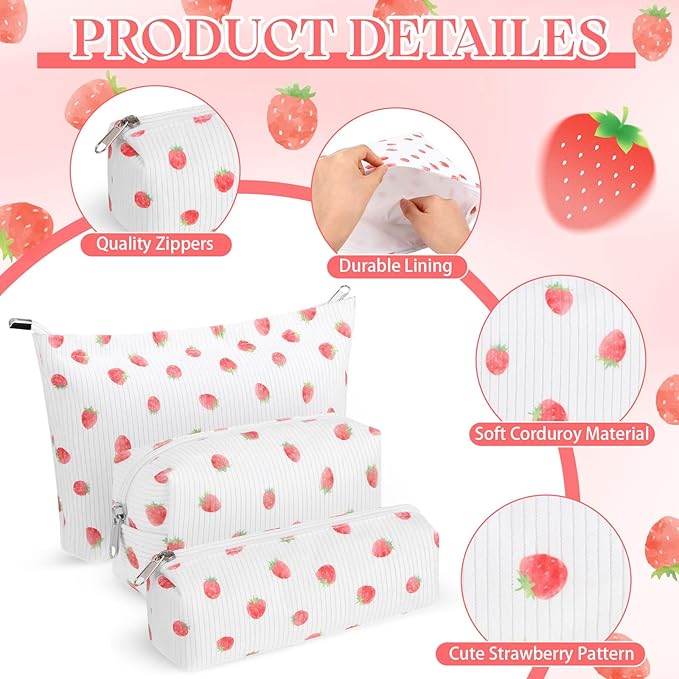 3 Pcs Makeup Bag Set for Women Corduroy Cosmetic Pouch Aesthetic Smile Travel Toiletry Bag Cute Purse Pouch Pencil Case Makeup Brushes Storage Organizer with Zipper(White,Strawberry)