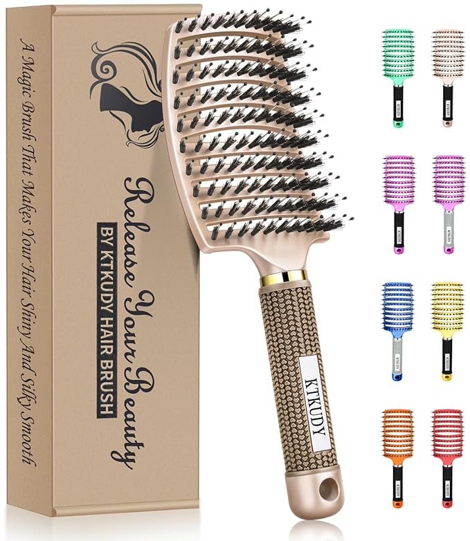 KTKUDY Detangling Brush Getting Knots Out without Pain - Boar & Nylon Bristles Hairbrush Make Hair Shiny & Healthier Vented Detangler Brush for Women Men Kids Wet and Dry Hair (Gold)