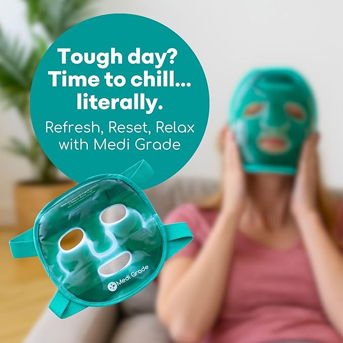 Medi Grade Cooling Gel Face Mask with 1 Lycra Fabric Mask and Storage Pouch - Soothing Gel Face Mask for Dark Circles and Puffiness - Cold Full Face Gel Mask Relaxation