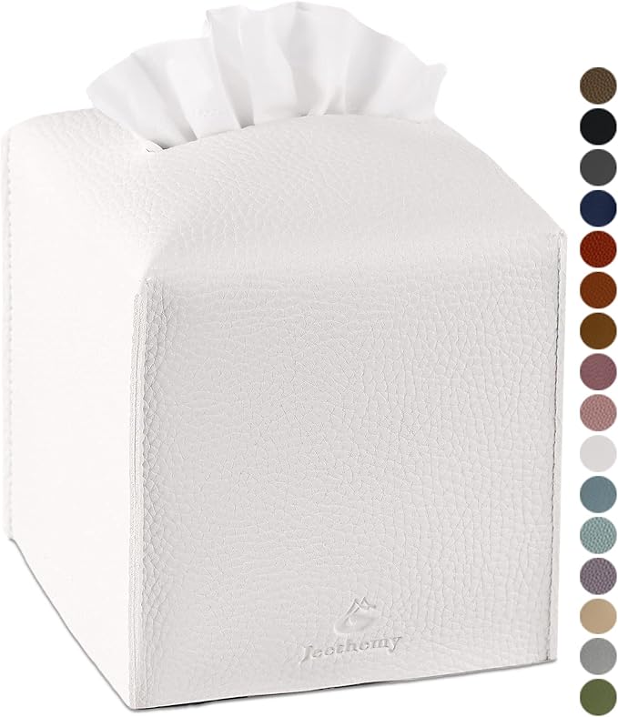 Tissue Box Cover, Jeethemy Square PU Leather Tissue Box Holder, Modern Tissue Case Facial Paper Organizer Dispenser，5X5X5'',Single White