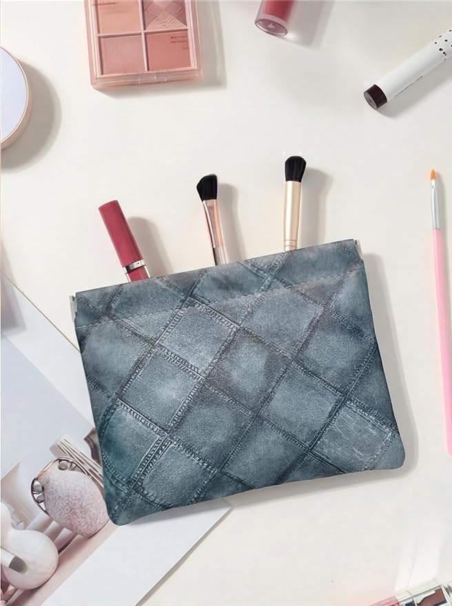 Denim Blue PU Leather Makeup Pouch Set for Women Small Checkered Make Up Bag for Purse Waterproof Initial Makeup Cosmetic Bags Pouches for Purse Aesthetic Travel Toiletry Bag,