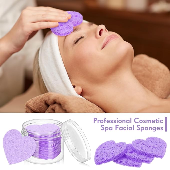 Nuenen 60 Pieces Facial Sponges with Container, Heart Shape Compressed Face Sponges Natural Cleaning Pads for Washing Face Cleaning Exfoliating Esthetician Makeup Removal(Purple)