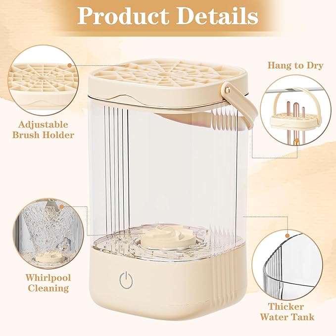 Electric Makeup Brush Cleaner - Portable Makeup Brushes Cleaning Machine, Automatic Spinning Cosmetic Brushes Washer, Make Up Brush Cleaner Tools for Most Sizes Brushes and Sponges (Beige)