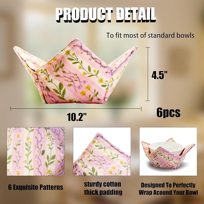Cotton Microwavable Bowl Cozy ，Set of 6，Microwave-Safe Hot Bowl Holders, Soup Bowl Cozy Hot Pads，Prevent Hand from Heat and Maintain Food Warm，Ideal Household Gift Store (J)