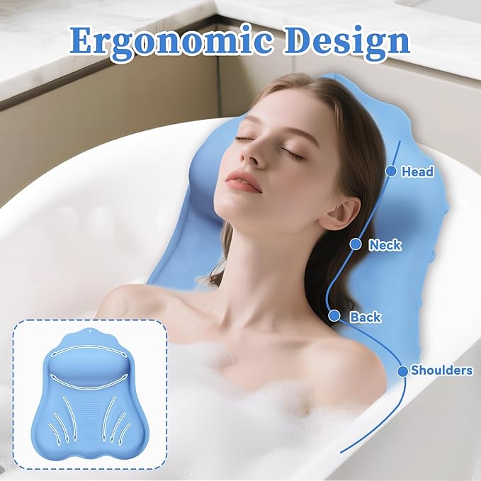 Luxury Silicone Bath Pillow for Tub, New Cloud-Soft 4D Air-Cushion Bathtub Pillow for Head and Neck & Back Support, Strong Suction Cups, Waterproof Quick-Dry Bathtub Headrest (Blue)
