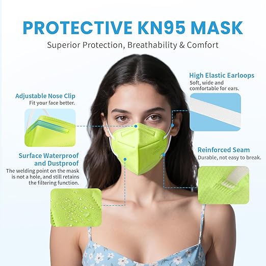 Akgk KN95 Face Mask 50 PCS, Breathable Protection 5-Ply Green Masks, Cup Dust Safety