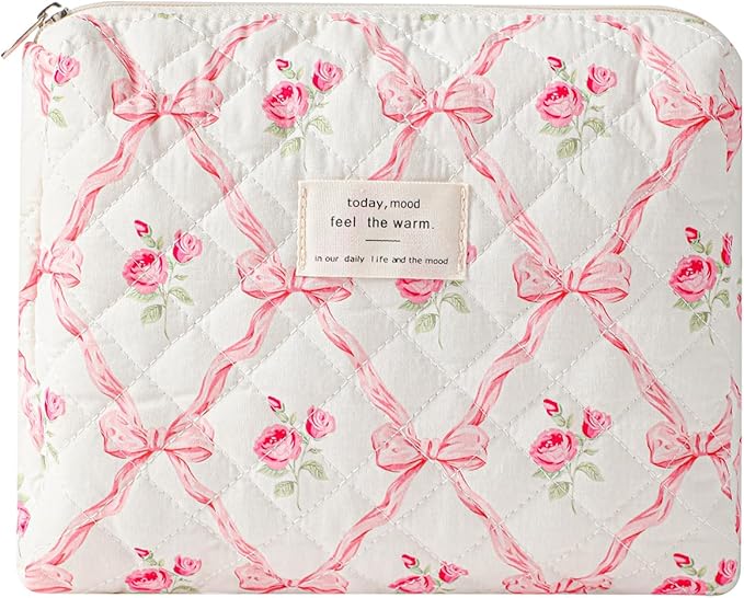 uekeboag Quilted Cotton Makeup Bag,Coquette Quilted Toiletry Bag for Women and Girls,Floral Coquette Pouch,Cute Kawaii Travel Cosmetic Bags(Pink Bow)