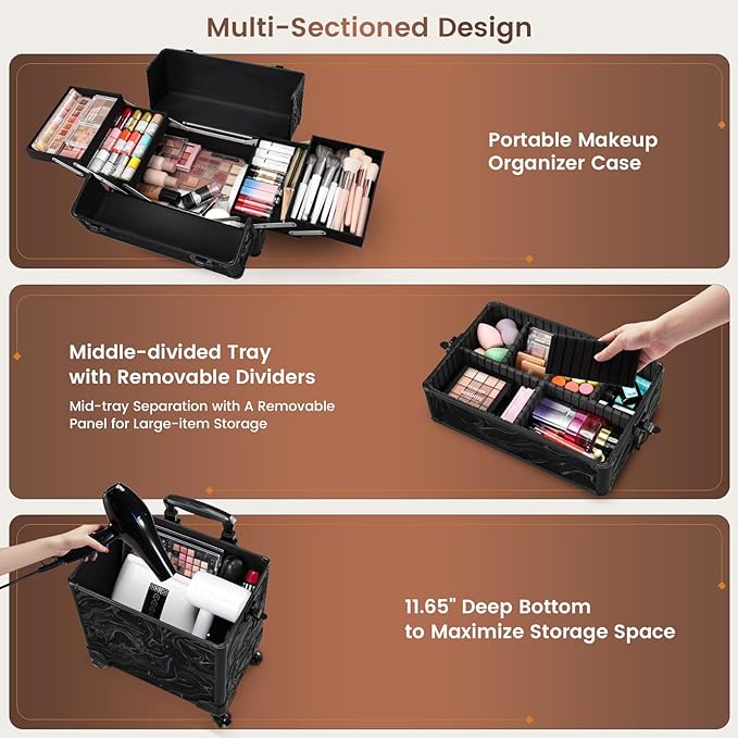 FRENESSA 3 in 1 Rolling Makeup Train Case Professional Cosmetic Trolley Large Storage with Keys Swivel Wheels Salon Barber Case Traveling Cart Trunk for Make Up Hairstylists Nail Tech, Alpine Black