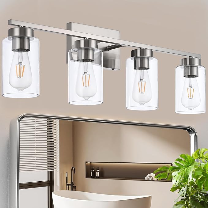4 Light Bathroom Vanity Light Fixtures, Brush Nickel Modern Wall Lights with Clear Glass Shade, Vintage Wall Sconce Lighting for Living Room, Mirror, Bedroom, Hallway (Nickel, 4-Lights)