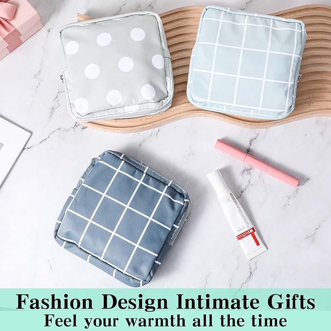 3 PCS Sanitary Pad Storage Bag Portable Period Bag for Teen Pads/Sanitary Napkins/Tampons, Sanitary Napkin Storage Bag First Period Gifts for School, Daily Hygiene Bag Travel Containers(Grey, Blue)