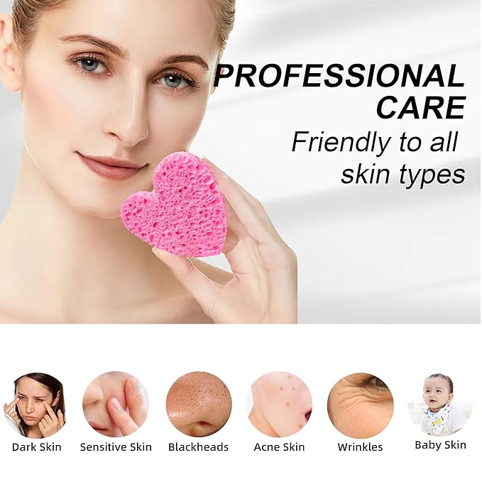 Women 120-Count Compressed Cellulose Heart Shape Face Facial Sponges 100% Natural Cosmetic Sponges for Facial Cleansing Exfoliating Mask Skin Massage (（Pink） 120 Count)
