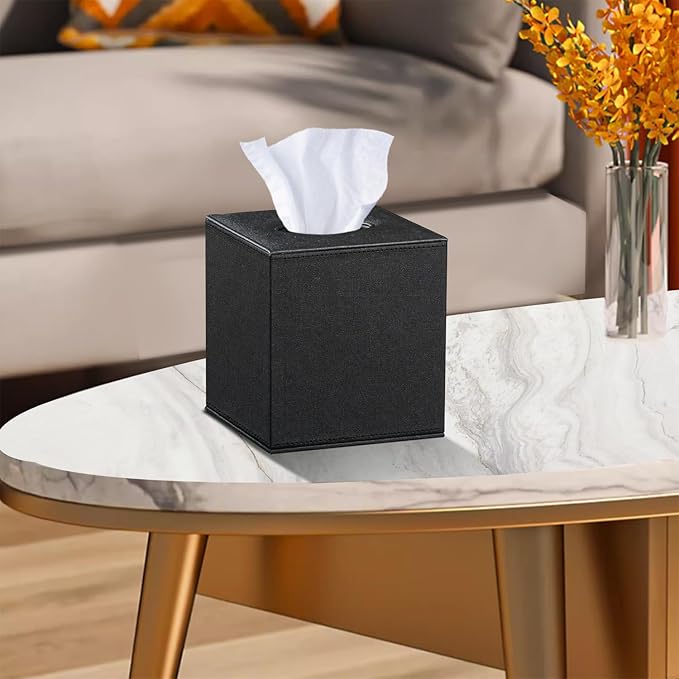 Leather Tissue Box Cover Square,Decorative Cube Tissue Box Holder with Magnetic Bottom,Facial Paper Organizer Table Napkin Case Dispenser for Bathroom NightStand Coffee Car Home Office,Black
