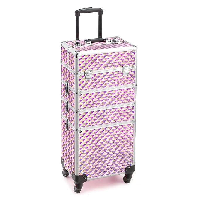 mefeir 4-in-1 Rolling Makeup Train Case Lift Handle,4 Removable Wheels Lockable Keys,Aluminum Cosmetic Trolley Beauty Stylist Artist Organizer Box,Ideal Xmas New Year Gift (Diamond Pink)