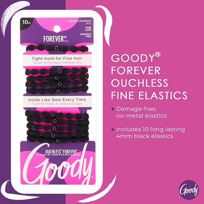 Goody Forever Ouchless Elastic Fine_Hair Tie, Black - 4MM for Fine_Hair - Hair_Accessories for_Women and Girls - Perfect for_Long Lasting Braids, Ponytails and More- 10 Count (Pack of 2)