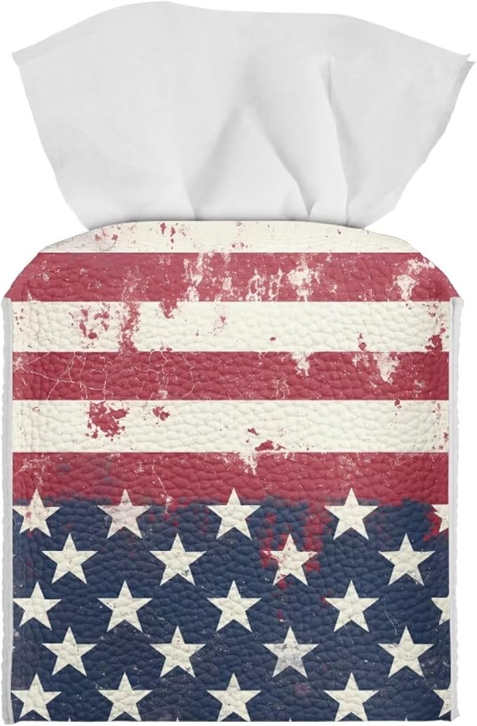 American Tie Dye Minimalist Tissue Box Holder, Square PU Leather Napkin Organizer with Secure Metal Button, Waterproof and Stain-Resistant Tissue Cover for Home, Kitchen, and Automotive Use