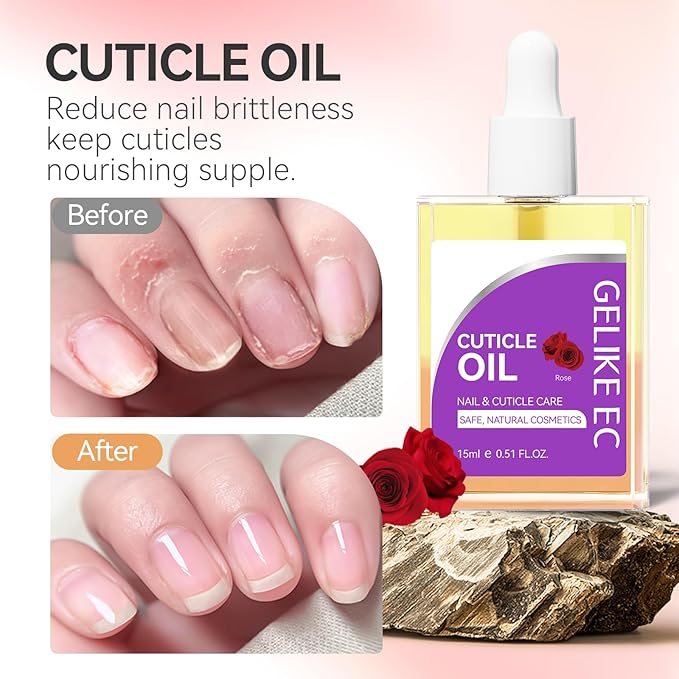 Nail Repair Oil for Moisturize Cuticle - Gelike EC Easy and Quick Absorb Salon Care Treatment - Natural Rose Smells for Women and Men Dry Damaged Thin Nails 15ML LARGE CAPACITY