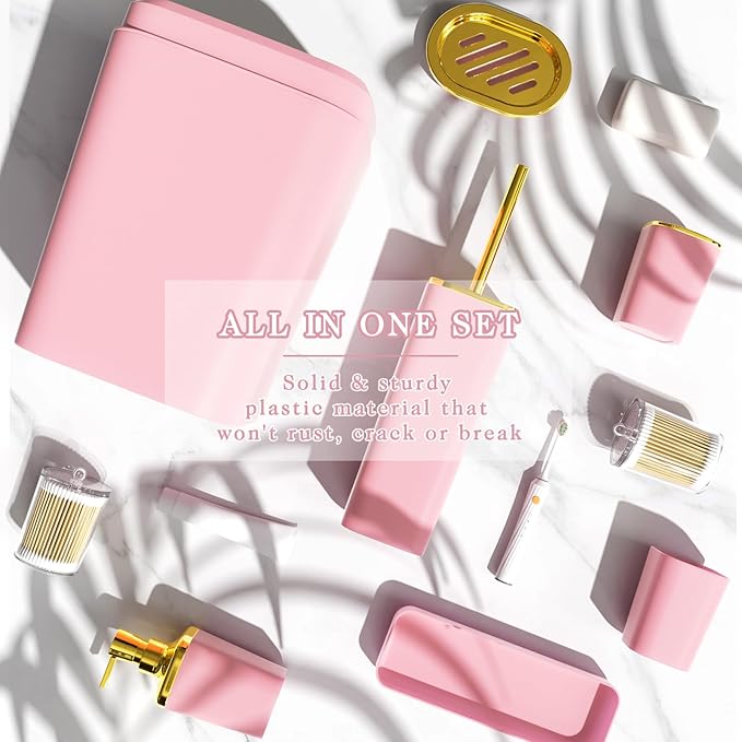 Bathroom Accessories Set - Luxury Pink Bathroom Set, 9 Pieces Bathroom Accessory Set, Pink Bathroom Accessories with Trash Can, Toilet Brush & Soap Dispenser