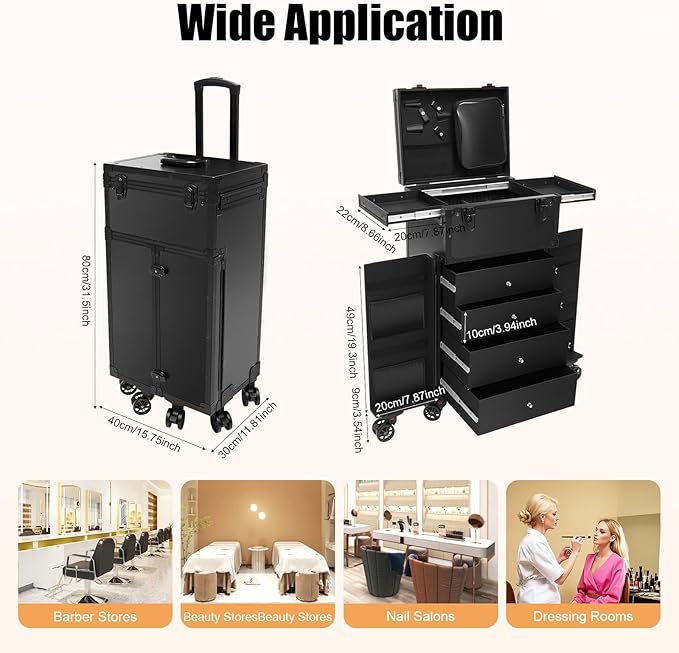 Rolling Makeup Case Large Storage Cosmetic Trolley, Rolling Lockable Makeup Train Case, Stylist Beauty Salon Cosmetic Luggage Travel Organizer Tool Box