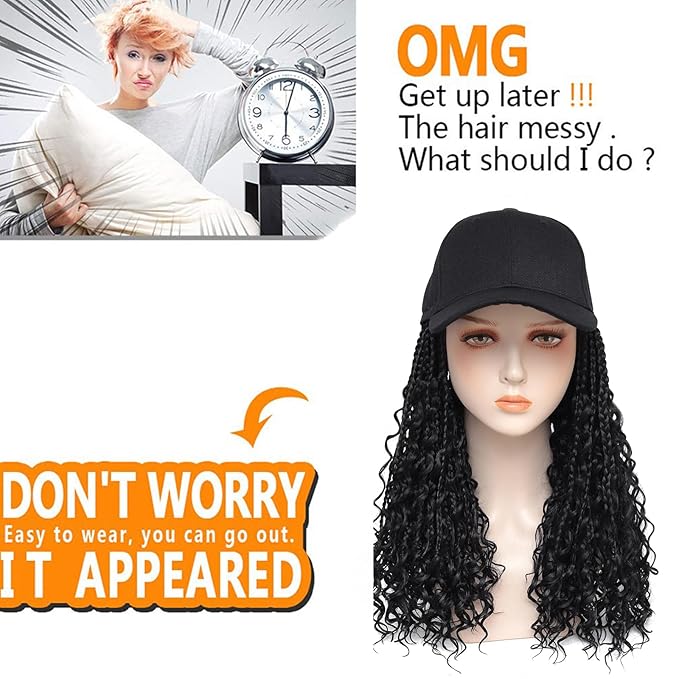 GUOJIAN Goddess Box Braiding Baseball Cap Wig Bohemian Curly Ends Box Braids Hat with Braided Hair Extensions for Black White Women Synthetic Braids Hat Wig with Hair Attached (16inch, 1B)