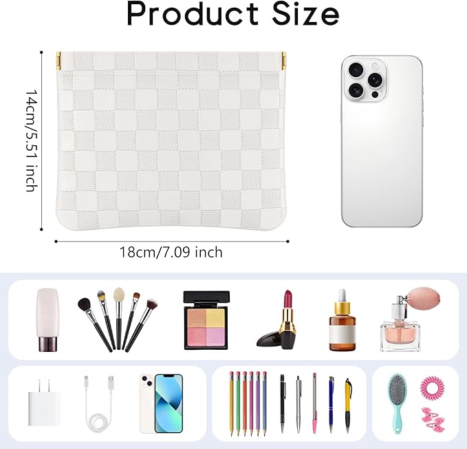 Sightor 2PCS Pocket Cosmetic Bag for Purse, Checkered Makeup Bag Portable Leather Cosmetic Bag for Women, Coin Purse Lipstick Cosmetic Accessories Organizer Travel Cosmetic Pouch (Black, White, L)