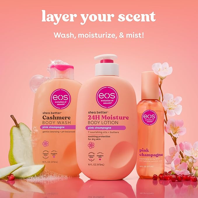 eos Cashmere Body Wash – Pink Champagne, Moisturizing Body Wash, Creamy Gel Formula, with Shea Butter, Glycerin, Vitamin E, pH Balanced, Sensitive Skin, Vegan, 16 fl oz