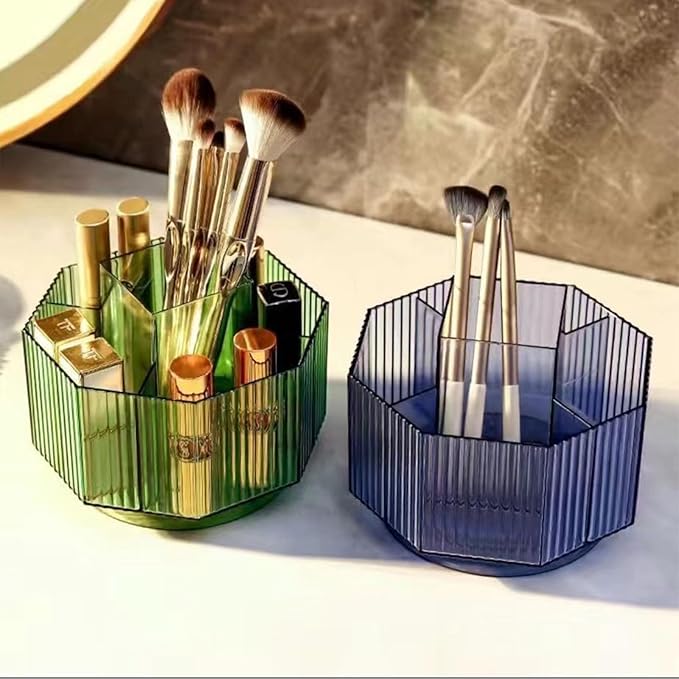 LINFIDITE 360°Rotating Makeup Organizer Holder Cosmetic Display Case Clear Makeup Brush Lip Gloss Organizer Case with 5 Slots Round Turntable Storage Tray for Vanity, Bathroom, Counter Organizer Green