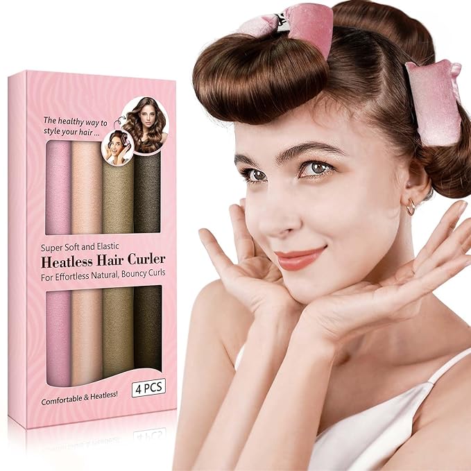 Heatless Curls Overnight, 4 Pcs No Heat Curling Blowout Rod, Satin Blowout Look Heatless Hair Rollers, Soft Flexi Rods for Big Curls to Sleep In (03 multicolored)
