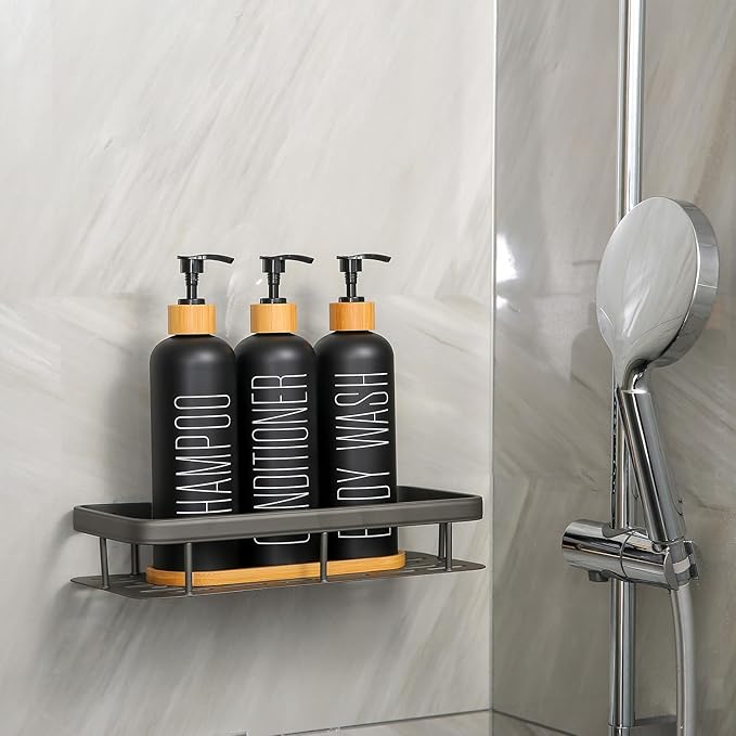 Shampoo and Conditioner Dispenser with Bamboo Pumps & Tray, Perfect for Bathroom Essentials for New Home (Black)