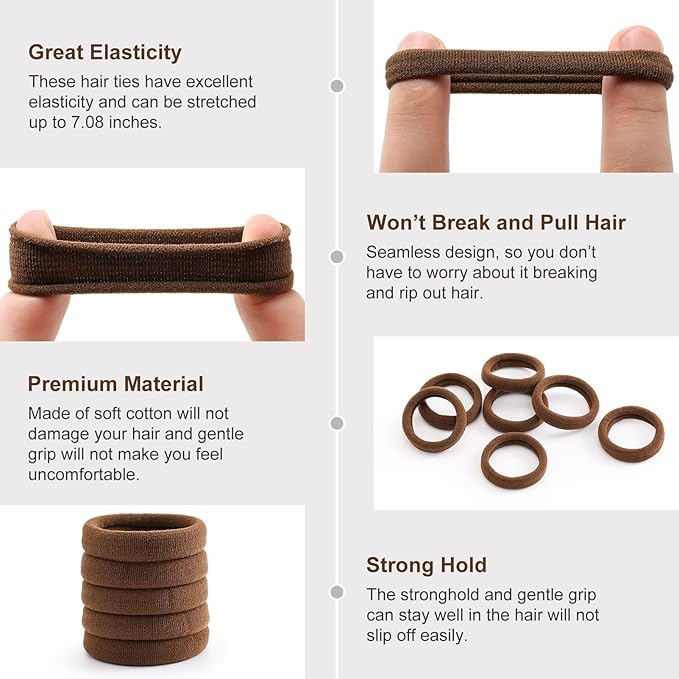 Bessrung 100 Pcs Thick Seamless Hair Ties, Ponytail Holders Hair Accessories for Women Girls No Damage for Thick Hair(Dark Brown Colors)
