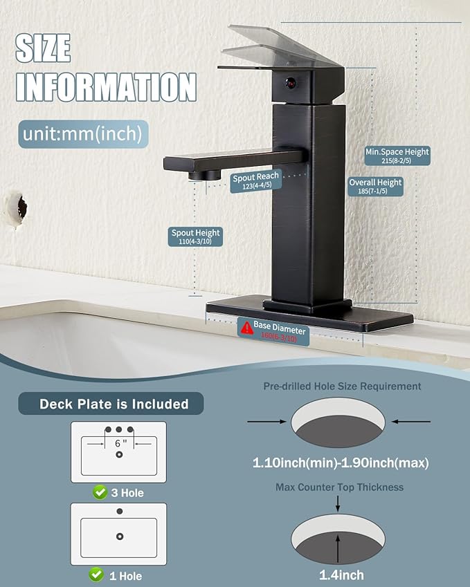 Bathroom Sink Faucet, Oil Rubbed Bronze Bathroom Sink Faucets & Parts(Pop-up Drain+6" Escutcheon Plate+Supply Hoses), Single Handle for Modern Farmhouse RV Sink