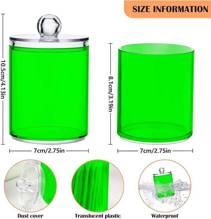 Green Qtip Holder Organizer Dispenser Cotton Swabs Cans Plastic Jars with Lid Set 2 Pack Bathroom Storage Canister for Cotton Ball Floss Cotton Pads