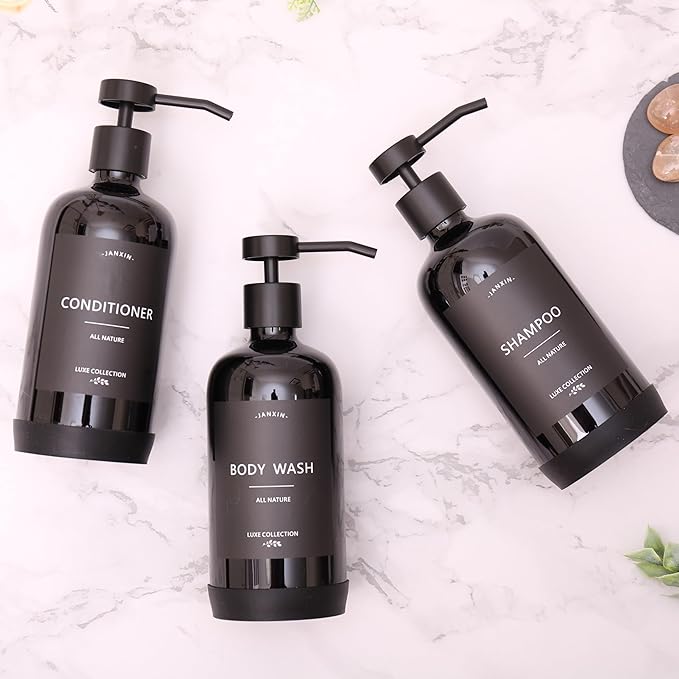 Shampoo and Conditioner Dispenser Set of 3,Refillable 21oz Shampoo Bottles with Non-Slip Protective Silicone Pad,Shower Soap Dispenser with Waterproof Labels for Bathroom (Black)