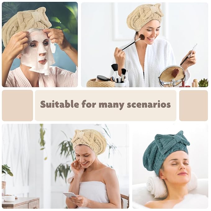 SUNLAND Large Microfiber Hair Drying Caps with Bow Knot Fast Drying Shower Cap Soft and Absorbent hairWrap Hair Turban Bath Caps for Curly Thick and Wet Hair 11 X 13.4 inch 2 Pack Dark Green