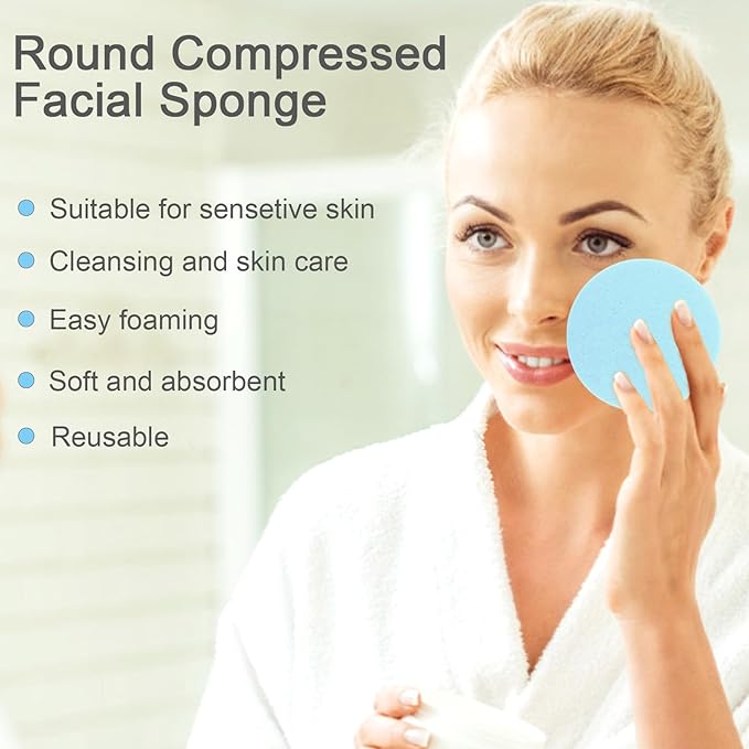120 Count Compressed Facial Sponges, Face Cleansing Sponge for Estheticians Compress Exfoliating Spa Wash Round Makeup Removal Pads for Women(Blue)