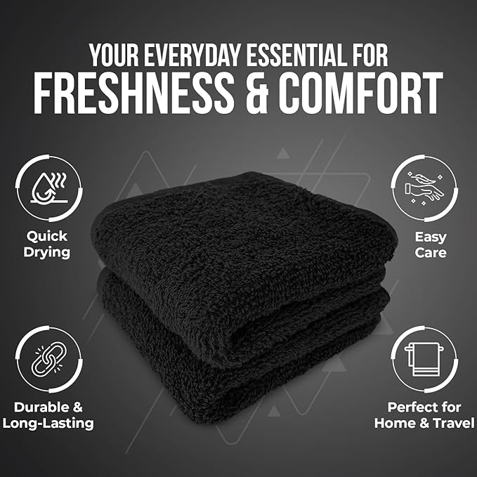 DAN RIVER 12 Pack Wash Cloths for Showering [12x12] - 100% Cotton Washcloths Premium Quality Flannel Face Cloths for Bathroom, Highly Absorbent and Soft Feel Wash Clothes, Black