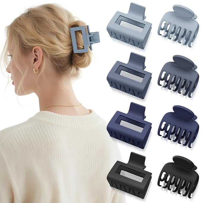 8 PCS Medium Hair Clips for Women Girls - 2 Styles Rectangle and Double Row Teeth Small Claw Clips for Thin Thick Hair, Matte Non-slip Strong Hold Jaw Clips Hair Accessories, Midnight Blue