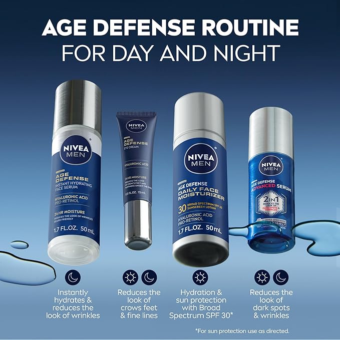 NIVEA MEN Age Defense Advanced Face Serum for Dark Spots with Thiamidol (TM) + Hyaluronic Acid, Fast-Absorbing Face Serum for Men Helps Reduce Look of Dark Spots, Fine Lines & Wrinkles, 1 Fl Oz Bottle