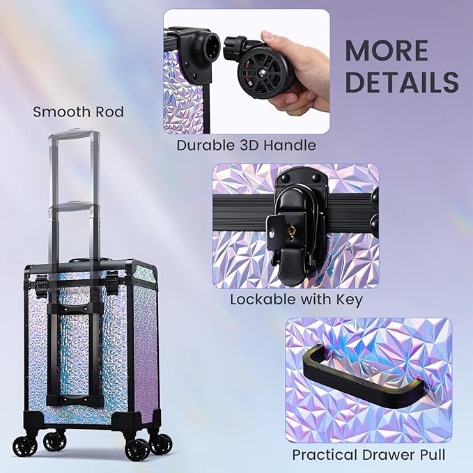 Adazzo Professional Rolling Makeup Train Case with Drawers, Large Cosmetic Trolley with Locks, Cosmetics Storage Organizer Make up Case for Travel Makeup/Nail Art/Hair Styling, Shiny Pink