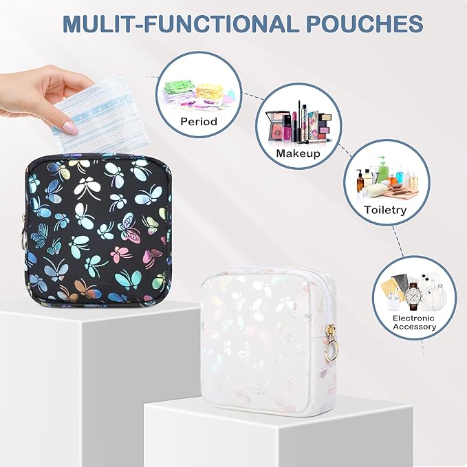 Period Bag Pouch, Leather Sanitary Napkin Storage Bag for Girls Womens, Portable Sanitary Napkin Period Pad Pouch Bag for Purse, Small Make Up Bags(White Butterflies)