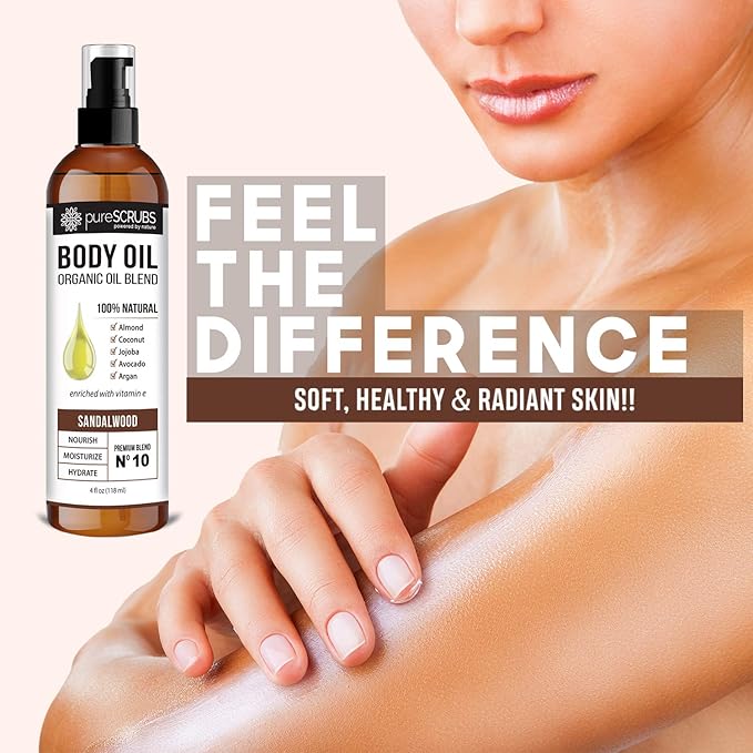 pureSCRUBS Ultra Moisturizing Sandalwood Body Oil Spray For Dry Skin, Massage, Cuticles & More, Organic Blend of Jojoba, Argan, Coconut, Sweet Almond & Avocado Oils Enriched with Vitamin E, Lg 4oz