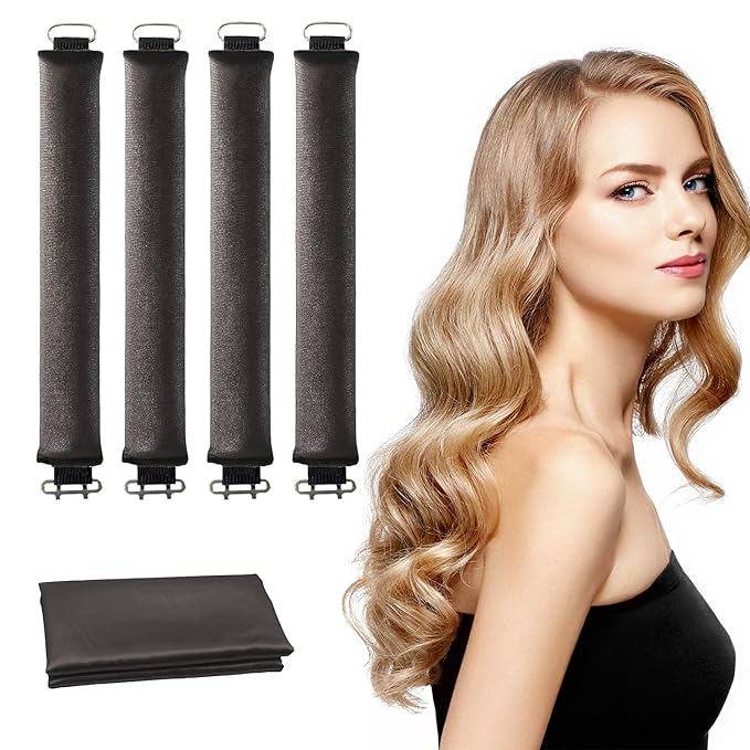 Heatless Hair Curlers, Satin Foam Rollers, Overnight Curling Rods for Long Hair, 5 Count (Black)