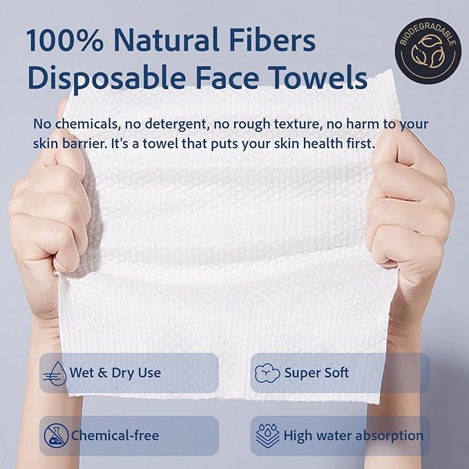 Disposable Face Towels, Disposable Face Towelette, Dry Wipes, Extra Large Size, 100% Natural Fibers, Super-Soft, Extra Absorbent, Makeup Remover, 100% Biodegradable, 50 PCS