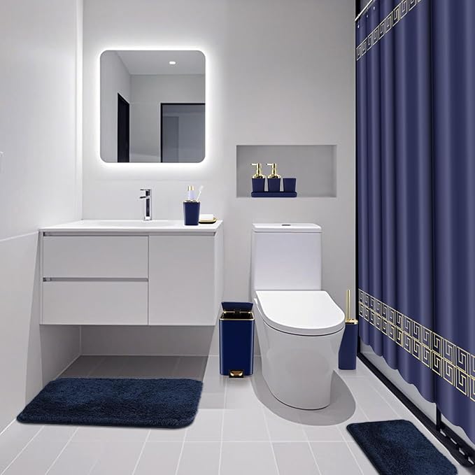 Bathroom Sets with Shower Curtain and Rugs Bathroom Accessories Set Navy Blue Bathroom Set,Soap Dispenser & Toilet Brush Holder Set with Stainless Steel Trash Can