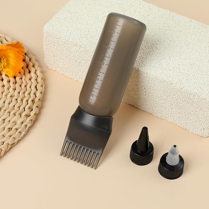 Root Comb Applicator Bottle Oil Applicator for Hair Dye Hair Oiling Bottle with 2 Types Caps and Graduated Scale, 6 Ounce (Black)