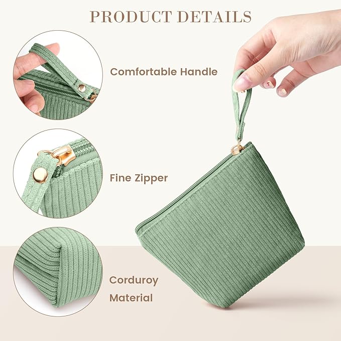 MAGEFY Mini Makeup Bag, Cute Small Makeup Bag for Purse Corduroy Cosmetic Bag for Women with Slip-in Pockets Travel Purse Essentials Lipstick Bag(Green,Mini)