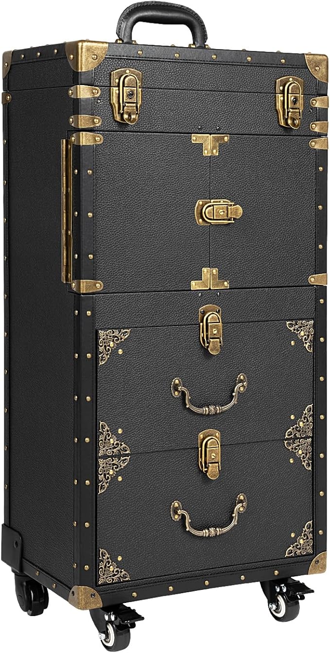 Beauty Salon Luggage with Makeup Hairdressing Tools Storage,32 In-Retro Travel Organizer Tool Box with Hair Dryer Holder for Stylist,Beauty,Makeup Artist (Black 31.7in)
