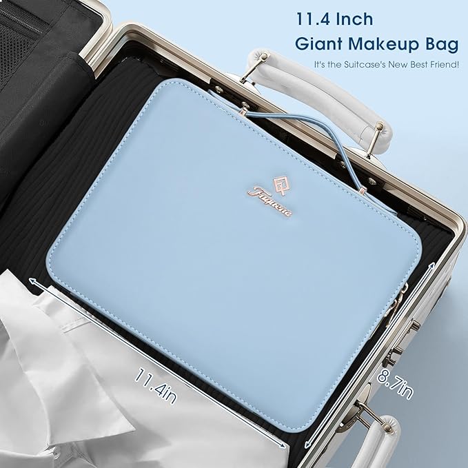 Leather Makeup Case with LED Lighted Mirror 11.4 Inch Travel Makeup Bag Adjustable Brightness in 3 Colors Cosmetic Organizer Artist Storage Bag with Dividers Brush Holder Bag Vanity Blue
